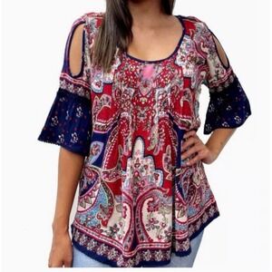 Bila Size M Red Blue Paisley Print Cold Shoulder bohemian 70s hippie blouse